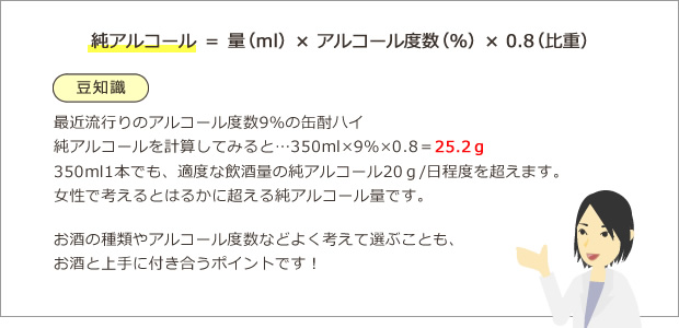 純アルコール＝量（ｍｌ）×アルコール度数（％）×0.8（比重）