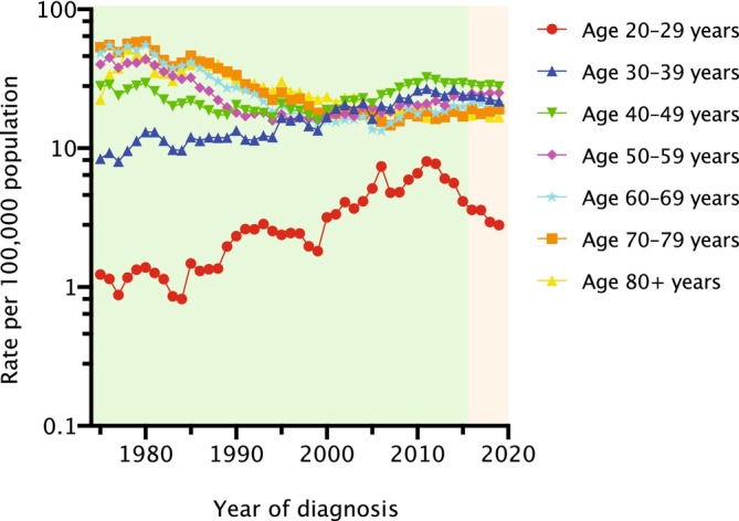 年齢層別子宮頚がん罹患率の年次推移：全国がん登録データ　1975―2019年