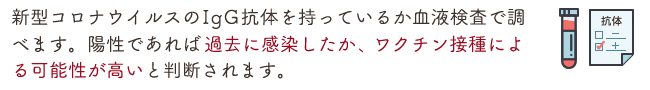 新型コロナウイルスのIgG抗体を持っているか血液検査で調べます。陽性であれば過去に感染したか、ワクチン接種による可能性が高いと判断されます。